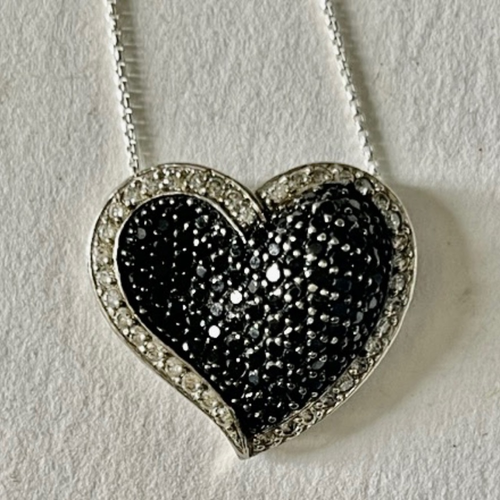Fantastic Freeform Jet and Cubic Zirconia Heart & Sterling Necklace